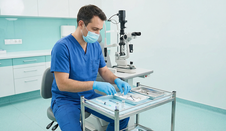Clinical ophthalmology setting with specialist preparing instruments