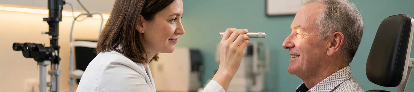 Consultant examining a patient before oculoplastic treatment